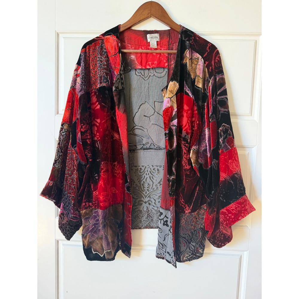 Chico's Red Patchwork Burnout Velvet Silk Kimono Small Fairycore Whimsigoth